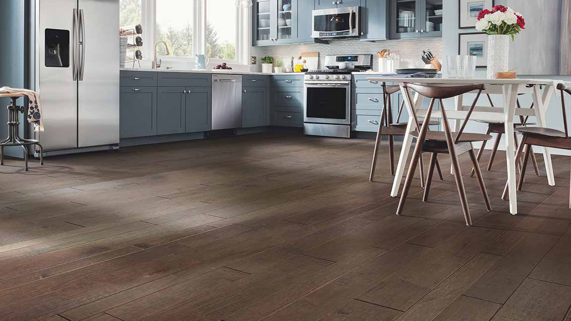 Hardwood flooring in a kitchen.