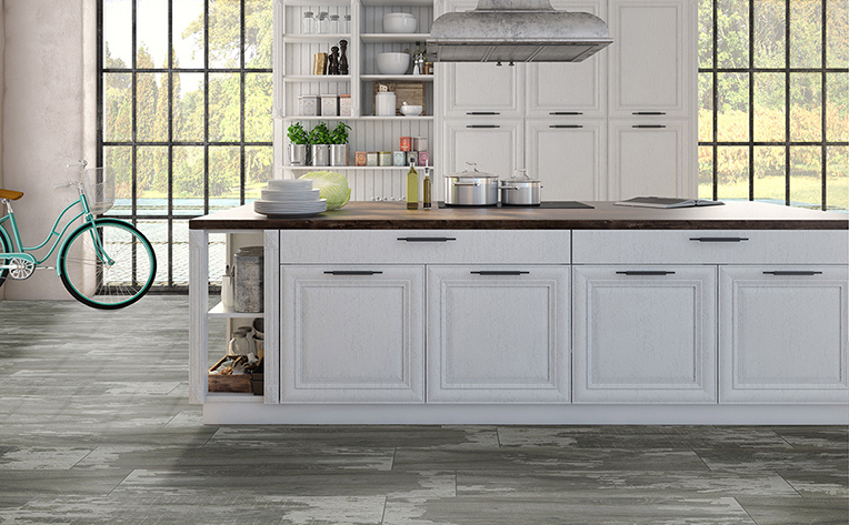 Beautiful ceramic tile in a white kitchen beaming with natural sunlight